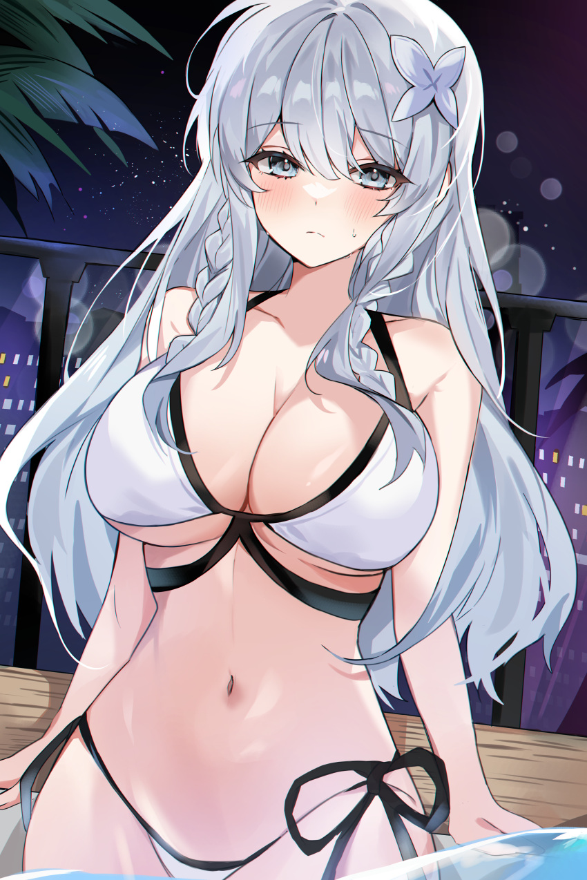 1girl absurdres bare_arms bare_shoulders bikini blue_eyes blurry bokeh braid breasts cleavage closed_mouth cowboy_shot depth_of_field hailiu hair_ornament halterneck highres i_became_an_academy_award-winning_villain large_breasts long_hair looking_at_viewer multi-strapped_bikini navel night novel_illustration official_art side-tie_bikini_bottom solo standing stomach string_bikini sweatdrop swimsuit twin_braids wading water white_bikini white_hair