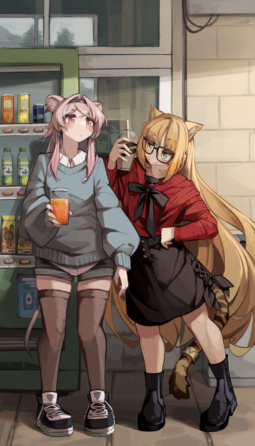 2girls :d absurdres alternate_costume animal_ear_fluff animal_ears arknights bangs bespectacled black-framed_eyewear black_bow black_footwear black_hairband black_shorts black_skirt blonde_hair blue_sweater blush boots bow brown_thighhighs casual closed_mouth cup day disposable_cup earrings extra_ears full_body glasses green_eyes grin hairband highres holding holding_cup jewelry knee_boots lin_(arknights) long_hair long_sleeves mouse_ears mouse_girl mouse_tail multiple_girls outdoors parted_lips pink_eyes pink_hair red_sweater shoes shorts skirt smile sneakers standing sweater swire_(arknights) tail thighhighs tiger_ears tiger_girl tiger_tail togekk0 vending_machine very_long_hair