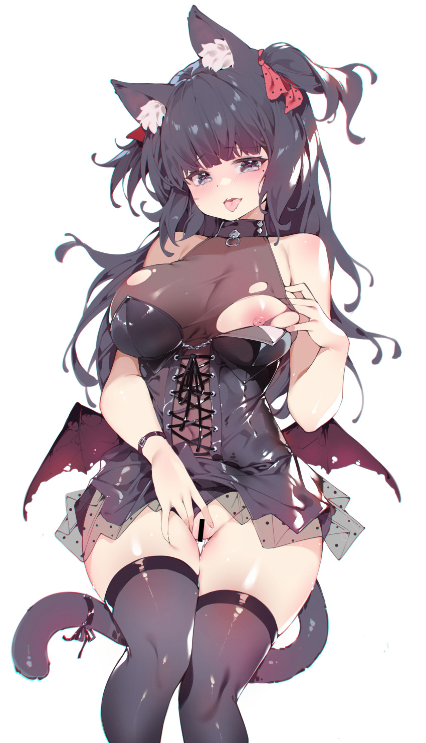 1girl \||/ absurdres animal_ear_fluff animal_ears avatar_(ff14) bangs bar_censor bat_wings between_legs black_hair black_panties black_ribbon black_thighhighs blush breasts cat_ears cat_girl cat_tail censored cleavage clothing_aside corset covered_navel cowboy_shot facial_mark final_fantasy final_fantasy_xiv grey_eyes hair_ribbon hand_between_legs heart heart-shaped_pupils highres large_breasts lingerie long_hair looking_at_viewer low_wings miqo'te mole mole_under_eye nipples one_breast_out open_mouth original panties panties_aside pussy pussy_juice red_ribbon ribbon simple_background solo symbol-shaped_pupils tail tail_ornament tail_ribbon thigh_gap thighhighs thighs tongue tongue_out torn_clothes two_side_up underwear wedgie whisker_markings white_background wings zhazhapao