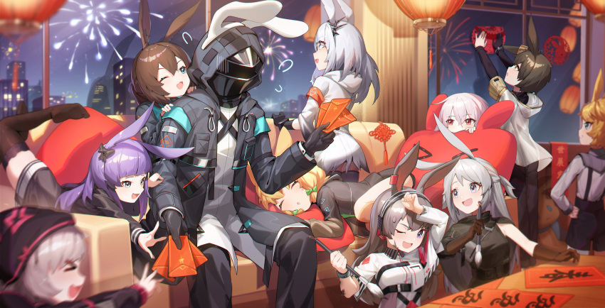 &gt;_&lt; 1other 3boys 6+girls :d :o ;d absurdres aerial_fireworks amiya_(arknights) animal_ears ansel_(arknights) april_(arknights) arknights arm_up ayerscarpe_(arknights) bangs black_bow black_cloak black_gloves black_hair black_headwear black_jacket black_pants black_skirt black_thighhighs blonde_hair blue_eyes bow brown_hair building calligraphy_brush character_request check_character chinese_zodiac cloak closed_eyes commentary_request couch doctor_(arknights) ear_bow envelope fake_animal_ears fireworks flying_sweatdrops frostnova_(arknights) gloves green_bow grey_eyes grey_hair hair_between_eyes hair_bow hairband hand_on_hip highres holding holding_envelope holding_paintbrush hongbao hood hood_up hooded_jacket indoors jacket kneeling kroos_(arknights) lantern leonhardt_(arknights) long_hair lying mo_ying_yu motion_blur multiple_boys multiple_girls night night_sky no_shoes on_couch on_stomach one_eye_closed open_clothes open_jacket paintbrush pants paper_lantern parted_lips peeking_out pillow pink_hair popukar_(arknights) profile purple_eyes purple_hair rabbit_ears red_eyes rope_(arknights) savage_(arknights) shirt sitting skirt sky sleeping smile suspender_skirt suspenders thighhighs very_long_hair white_hairband white_shirt window xd year_of_the_rabbit