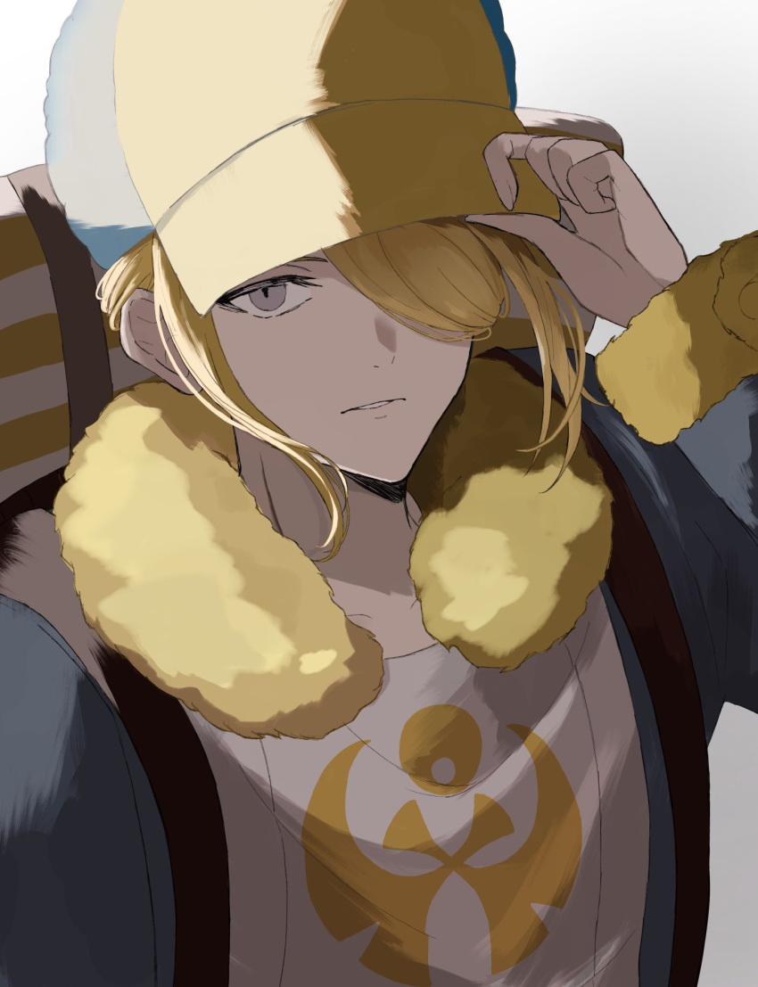 1boy blonde_hair commentary_request fur-trimmed_jumpsuit grey_eyes hair_over_one_eye hand_on_headwear hand_up hat highres jumpsuit long_sleeves looking_at_viewer male_focus parted_lips pokemon pokemon_(game) pokemon_legends:_arceus short_hair solo strap upper_body uru_122 volo_(pokemon) yellow_headwear