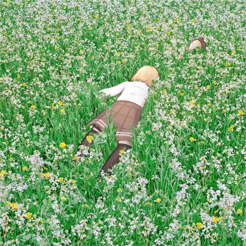 1girl black_thighhighs blonde_hair brown_skirt commentary day derivative_work english_commentary faceplant field flower flower_field grass hat hat_removed headwear_removed highres hololive hololive_english long_sleeves moon_ldl on_grass outdoors parody porter_robinson shirt short_hair skirt solo thighhighs virtual_youtuber watson_amelia white_flower white_shirt yellow_flower