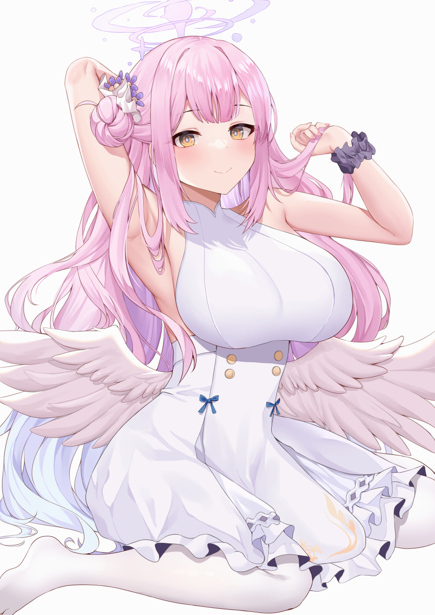 1girl absurdres angel_wings arm_behind_head armpits bangs black_scrunchie blue_archive blue_bow blue_flower blush bow breasts closed_mouth deogho_(liujinzy9854) dress feathered_wings fingernails flower frilled_ribbon frills gradient_hair hair_bun hair_flower hair_ornament hair_ribbon halo highres holding holding_hair korean_commentary large_breasts long_hair looking_at_viewer low_wings mika_(blue_archive) multicolored_hair pantyhose pink_hair pink_nails ribbon scrunchie simple_background single_side_bun sitting sleeveless sleeveless_dress smile solo underbust very_long_hair wariza white_background white_dress white_pantyhose white_ribbon white_wings wings wrist_scrunchie yellow_eyes