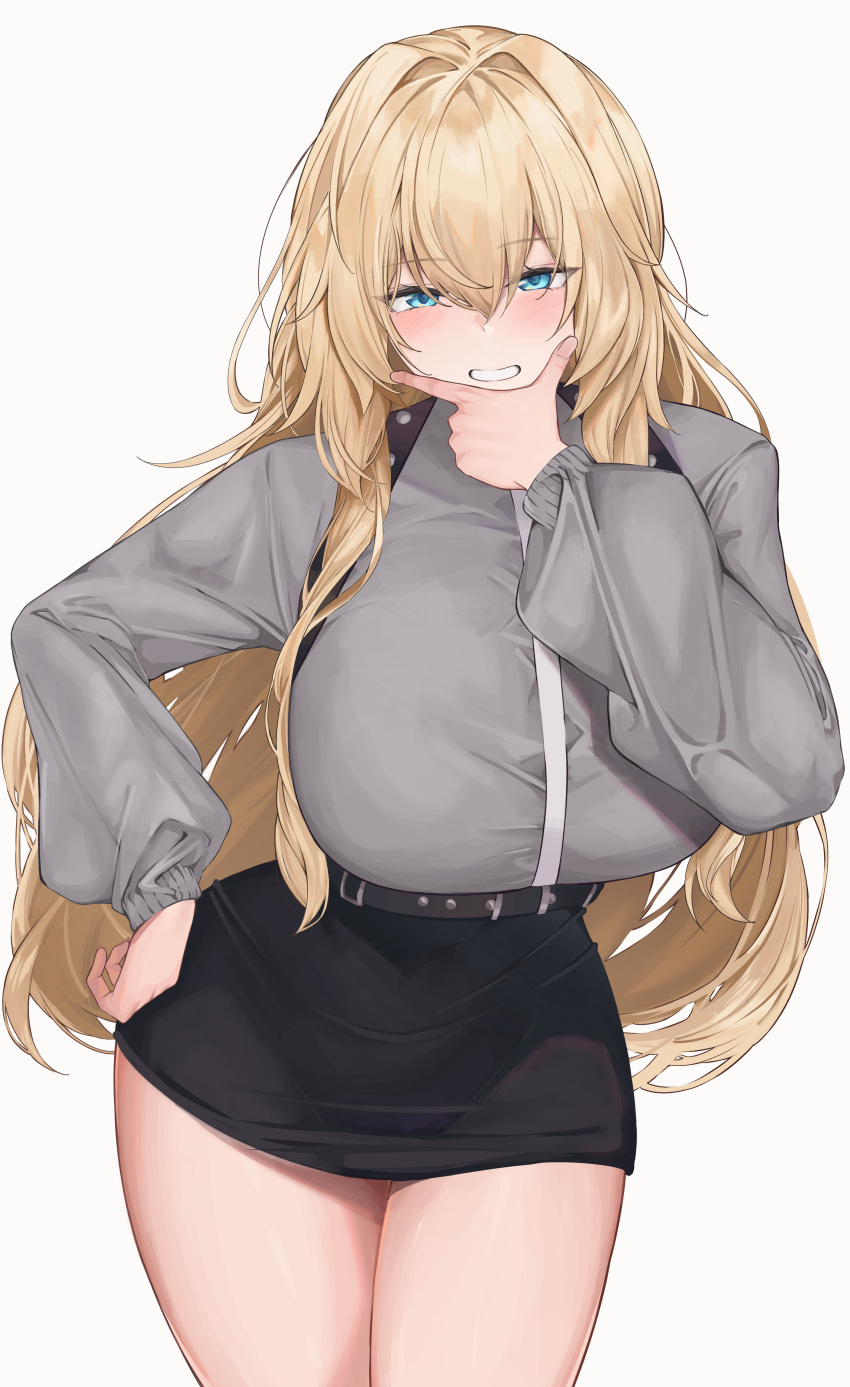 1girl absurdres belt black_skirt blonde_hair blue_eyes breasts cowboy_shot ddangbi finger_gun grey_shirt grin hand_on_hip hand_on_own_chin hand_up highres huge_breasts i_became_an_academy_award-winning_villain long_hair long_sleeves looking_at_viewer miniskirt novel_illustration official_art pencil_skirt shirt simple_background skirt smile solo suspenders taut_clothes taut_skirt thighs very_long_hair white_background