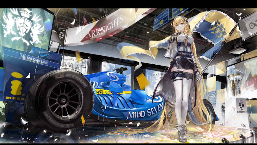 1girl absurdly_long_hair arknights banner black_gloves blonde_hair blue_eyes blue_hairband braid breasts car dragon_horns elbow_gloves flag from_below gloves ground_vehicle hair_spread_out hairband high-waist_skirt highres holding holding_flag horns indoors large_breasts long_hair looking_down matsuura_kagami motor_vehicle perspective pointy_ears race_vehicle racecar reflective_floor renault_r25 saileach_(arknights) shirt single_braid skirt smile solo standing thighhighs very_long_hair white_shirt white_thighhighs