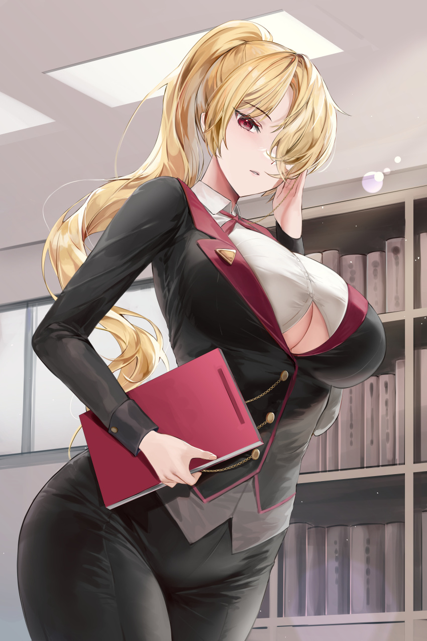 1girl absurdres black_jacket black_pants blazer blonde_hair breasts buttons chain clothing_cutout collared_shirt cowboy_shot dress_shirt folder hair_over_one_eye hand_up highres holding holding_folder jacket large_breasts lillly long_hair long_sleeves looking_at_viewer monocle_chain neckerchief novel_illustration official_art original pants parted_lips ponytail red_eyes shirt solo standing taut_clothes taut_shirt underboob underboob_cutout undershirt white_shirt wing_collar