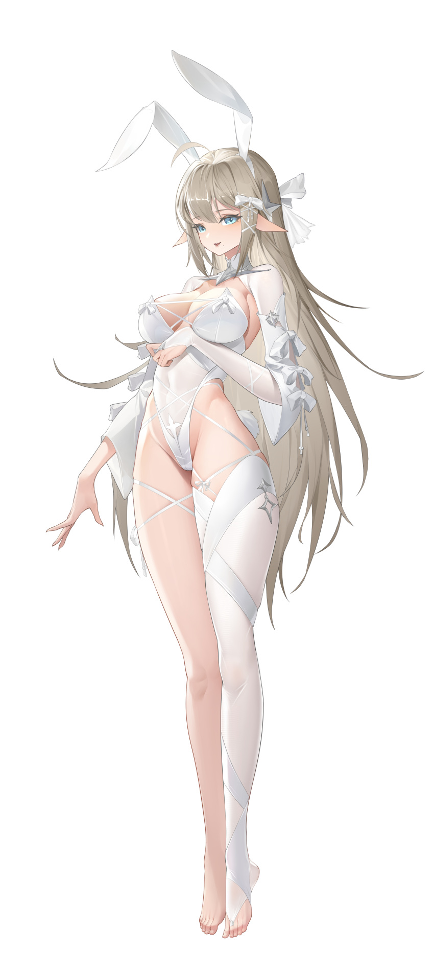 1girl :d absurdres ahoge animal_ears bangs barefoot blue_eyes blush bow breasts bridal_garter bridal_legwear brown_hair cleavage elf fake_animal_ears feet full_body hair_bow highleg highleg_leotard highres kongtoulaotou large_breasts leotard long_hair looking_at_viewer open_mouth original pointy_ears rabbit_ears shrug_(clothing) simple_background single_thighhigh smile solo strapless strapless_leotard thighhighs toes very_long_hair white_background white_bow white_leotard white_thighhighs