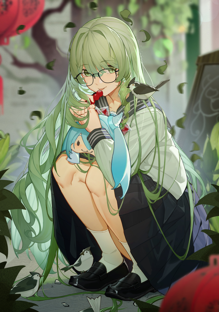 1girl absurdres alternate_costume bird black_footwear blurry blurry_background curvy falling_leaves fang food full_body glasses green_eyes grey_hair highres holding holding_food holding_stuffed_toy honkai_(series) honkai_impact_3rd jinjide_shaonian leaf long_hair looking_at_viewer mobius_(honkai_impact) pleated_skirt sailor_collar sailor_shirt school_uniform shirt sitting skirt slit_pupils smile socks solo stuffed_toy thighs tongue tongue_out white_socks