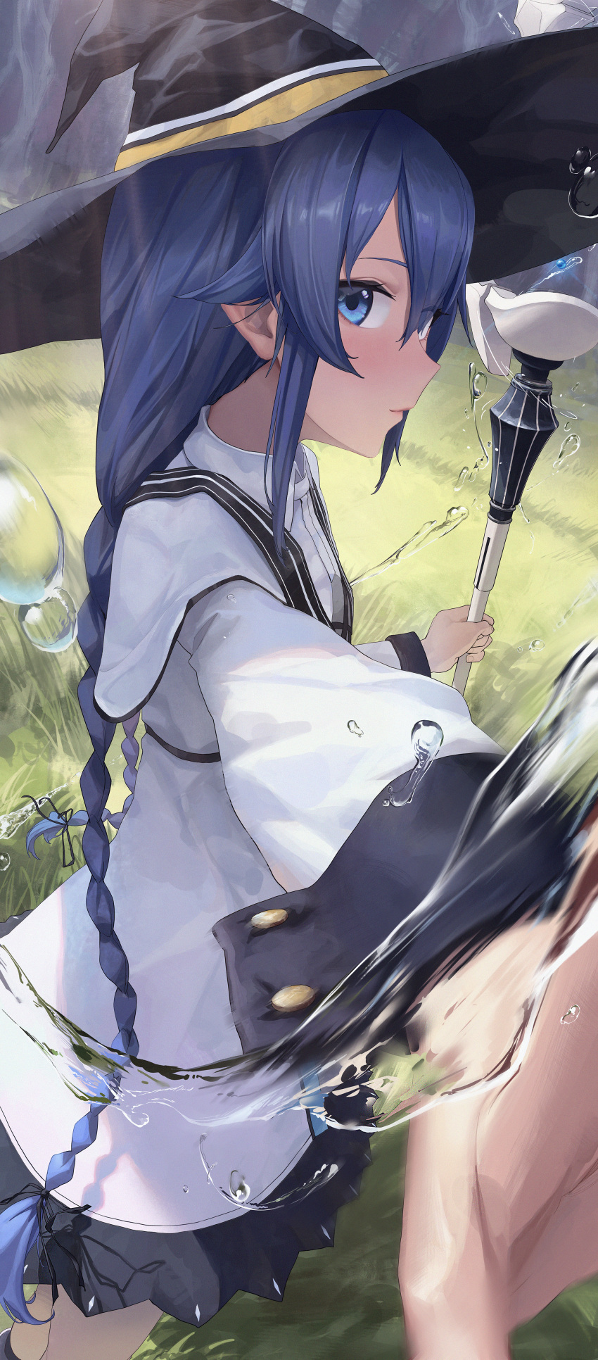 1girl absurdres bangs bingwei_huang black_headwear black_skirt blue_eyes blue_hair braid closed_mouth grass hair_between_eyes hat highres jacket long_hair looking_at_viewer magic mushoku_tensei outdoors pleated_skirt roxy_migurdia sidelocks skirt solo twin_braids very_long_hair water white_jacket witch witch_hat