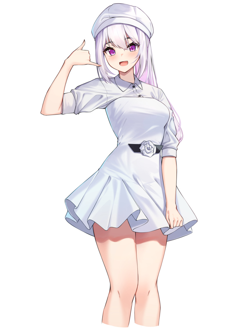 1girl :d absurdres bangs blush breasts collared_shirt commentary dress dress_shirt flower hair_between_eyes highres ine_(vtuber) light_purple_hair long_hair looking_at_viewer medium_breasts pleated_dress purple_eyes rose shaka_sign shirt short_dress short_sleeves simple_background smile solo thighs virtual_youtuber waktaverse white_background white_dress white_flower white_hair white_headwear white_rose white_shirt wind wing_collar ziro_(zirorong)