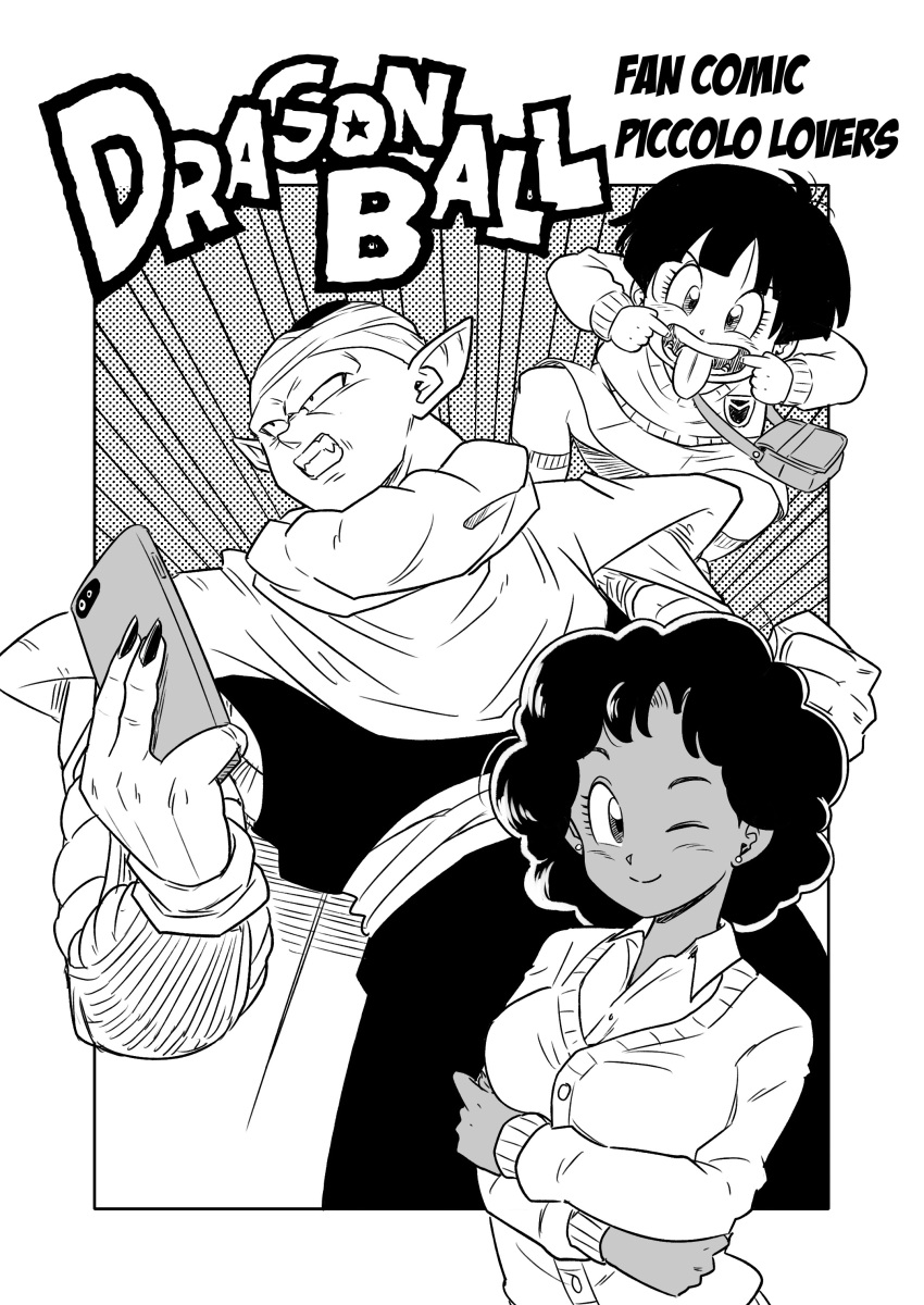 1boy 2girls absurdres afro bag bowl_cut breasts cardigan cellphone clenched_hand clenched_teeth commentary_request cover cover_page dark-skinned_female dark_skin dragon_ball dragon_ball_super dragon_ball_super_super_hero fangs greyscale hat highres holding holding_phone janet_(dragon_ball) medium_breasts monochrome mouth_pull multiple_girls pan_(dragon_ball) phone piccolo pink_mousse pointy_ears school_uniform short_hair shoulder_pads smartphone teeth