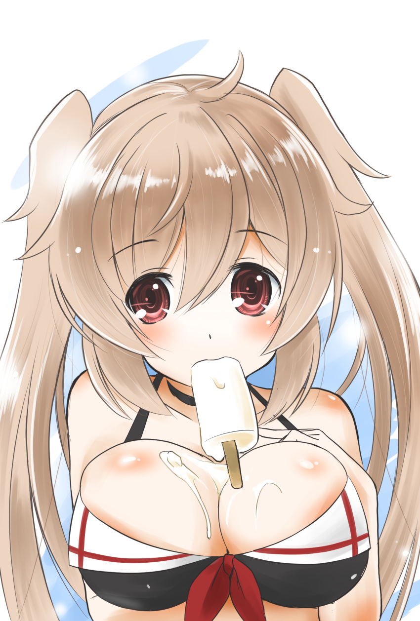 1girl adapted_costume bikini black_bikini breasts cleavage commentary_request food front-tie_bikini_top front-tie_top highres kantai_collection large_breasts light_brown_hair long_hair murasame_(kancolle) popsicle red_eyes solo swimsuit taisinkoku twintails upper_body