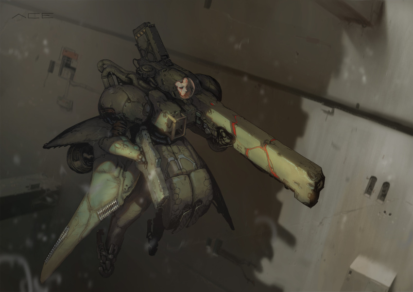 1girl absurdres beam_rifle cable cannon damaged dirty dual_wielding energy_cannon energy_gun flying helmet highres holding hose machinery mecha original power_armor power_suit realistic red_ace robot serious shadow skirt space spacecraft_interior spacesuit tube weapon zero_gravity