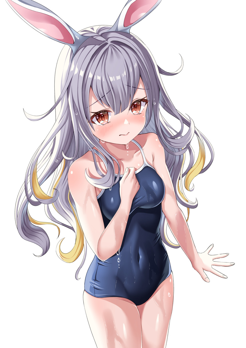 1girl absurdres animal_ears blue_one-piece_swimsuit breasts brown_eyes commentary_request competition_school_swimsuit covered_navel cowboy_shot esuorder grey_hair highres indie_virtual_youtuber looking_at_viewer medium_breasts mochizuki_himari one-piece_swimsuit rabbit_ears rabbit_girl school_swimsuit simple_background solo standing swimsuit virtual_youtuber wet wet_clothes wet_swimsuit white_background