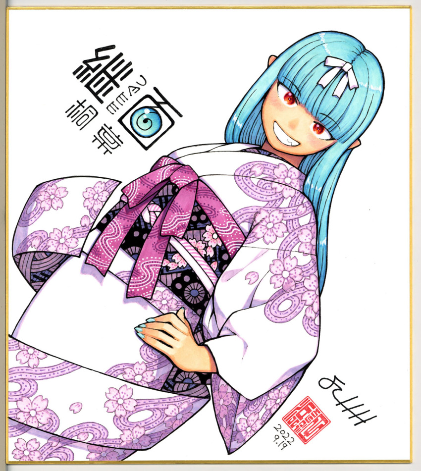 1girl bangs blue_hair blue_nails blunt_bangs character_name commentary_request copyright_name dated floral_print grin hamada_yoshikazu hand_on_hip highres japanese_clothes kimono kiriha_(tsugumomo) light_blue_hair long_hair long_sleeves looking_at_viewer nail_polish official_art oni photo_(medium) pointy_ears print_kimono red_eyes shikishi signature simple_background smile solo traditional_media tsugumomo white_background