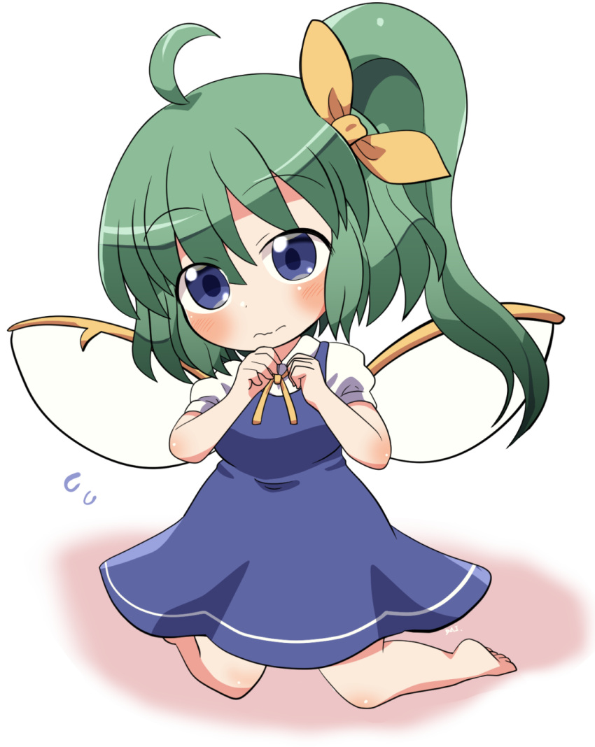 1girl ahoge bangs barefoot blue_dress blue_eyes blush closed_mouth collared_shirt commentary_request daiyousei dress fairy fairy_wings flying_sweatdrops green_hair hair_between_eyes highres long_hair rokugou_daisuke shirt short_sleeves side_ponytail signature solo touhou white_shirt wings