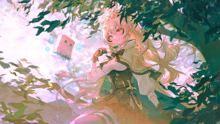 1girl belt blonde_hair branch breasts cleavage_cutout closed_mouth clothing_cutout dagger feather_hair_ornament feathers fingerless_gloves floating friend_(nanashi_mumei) frilled_skirt frills gloves hair_between_eyes hair_ornament highres hololive hololive_english in_tree knife large_breasts long_hair nanashi_mumei sheath sitting sitting_in_tree skirt sleeves_past_wrists smile thighhighs tree vienri virtual_youtuber weapon yellow_eyes