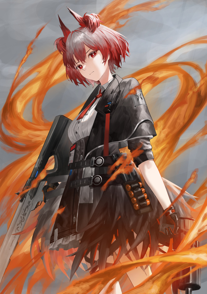 1girl absurdres arknights bangs black_capelet black_gloves black_jacket black_skirt breasts capelet closed_mouth collared_shirt dual_wielding feather_hair fiammetta_(arknights) fire frilled_skirt frills gloves gradient_background grey_background gun high-waist_skirt highres holding holding_gun holding_weapon jacket jun_(inrshun) looking_at_viewer medium_breasts necktie open_clothes open_jacket red_eyes red_hair red_necktie shirt short_hair short_sleeves skirt solo weapon white_shirt