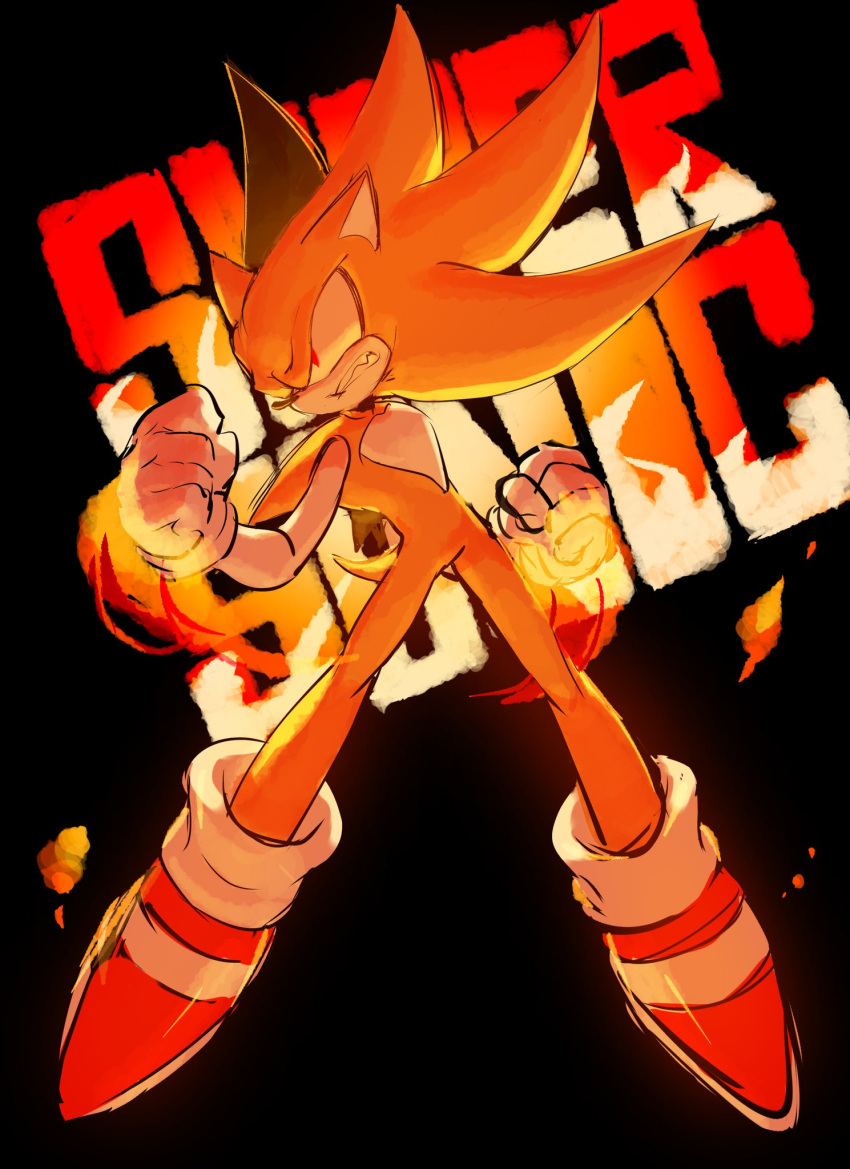 1boy angry animal_ears animal_nose black_background character_name derivative_work english_commentary fang fire flying furry furry_male gloves hands_up hedgehog hedgehog_ears hedgehog_tail highres looking_to_the_side male_focus orange_fur red_eyes red_footwear shoes simple_background sneakers socks solo sonic_(series) sonic_the_hedgehog super_sonic tail teeth usa37107692 white_gloves white_socks