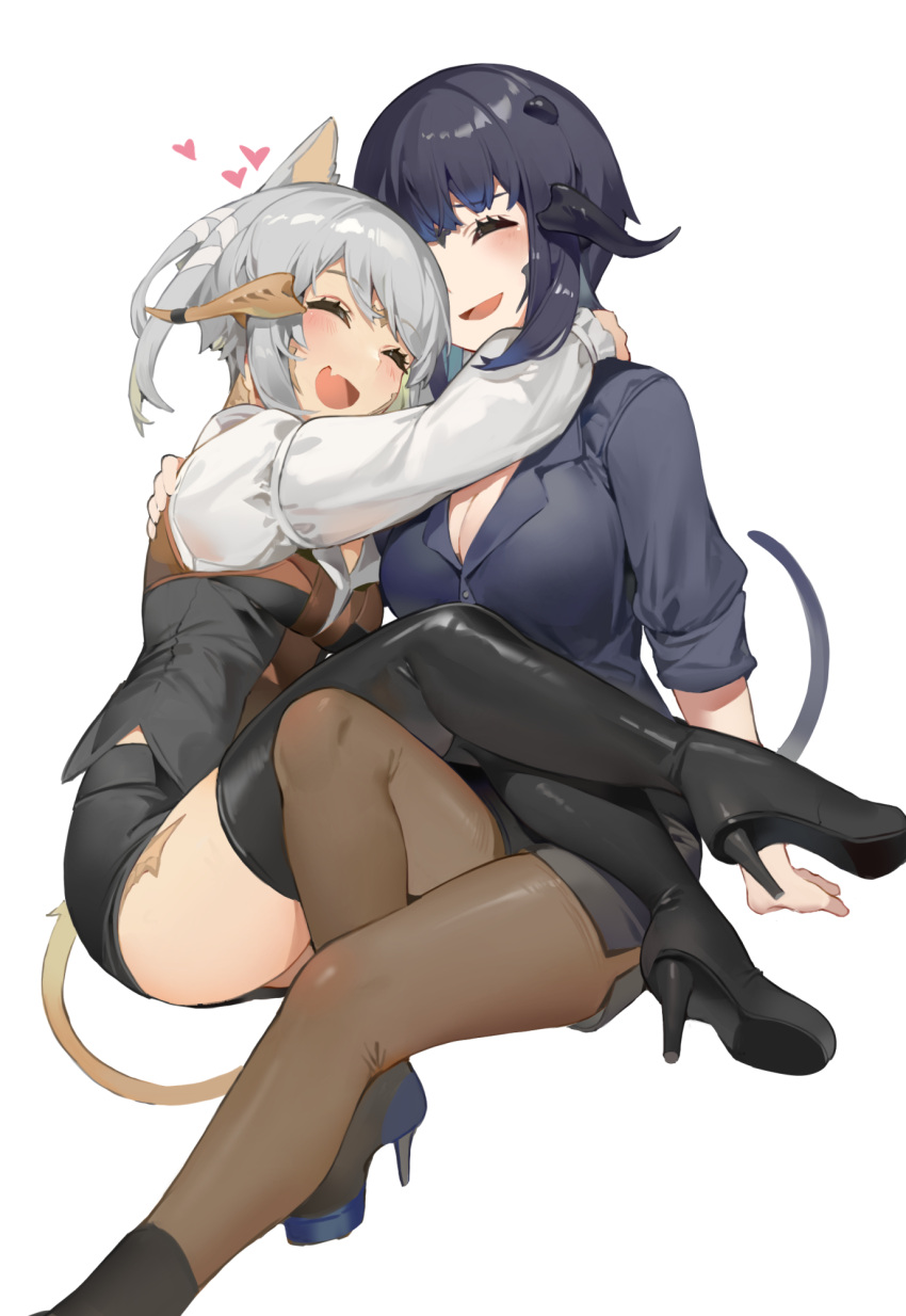 2girls :d akizone au_ra avatar_(ff14) bangs black_hair black_shirt black_skirt black_thighhighs blush boots breasts brown_pantyhose cheeze_(akizone) cleavage closed_eyes fang final_fantasy final_fantasy_xiv grey_hair heart high_heels highres horns hug knee_up large_breasts long_sleeves medium_breasts multiple_girls open_mouth pantyhose renz_(rirene_rn) shirt short_hair simple_background skirt smile thigh_boots thighhighs white_background