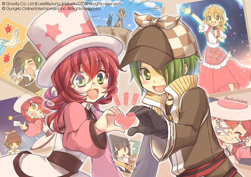 2boys 2girls absurdres atail_ream bangs black_gloves black_hair blonde_hair blush brown_headwear brown_sash character_doll character_request cliff commentary_request cowboy_shot deerstalker dress gloves green_eyes green_hair hair_between_eyes hat heart heart_hands heart_hands_duo highres holding holding_scissors jacket kankiriko long_hair looking_at_viewer monocle multiple_boys multiple_girls open_mouth phantom_thief_anniversary pink_jacket pope_(ragnarok_online) print_headwear ragnarok_online red_hair rimless_eyewear scissors short_hair shrug_(clothing) signature smile star_(symbol) star_print top_hat white_dress white_headwear