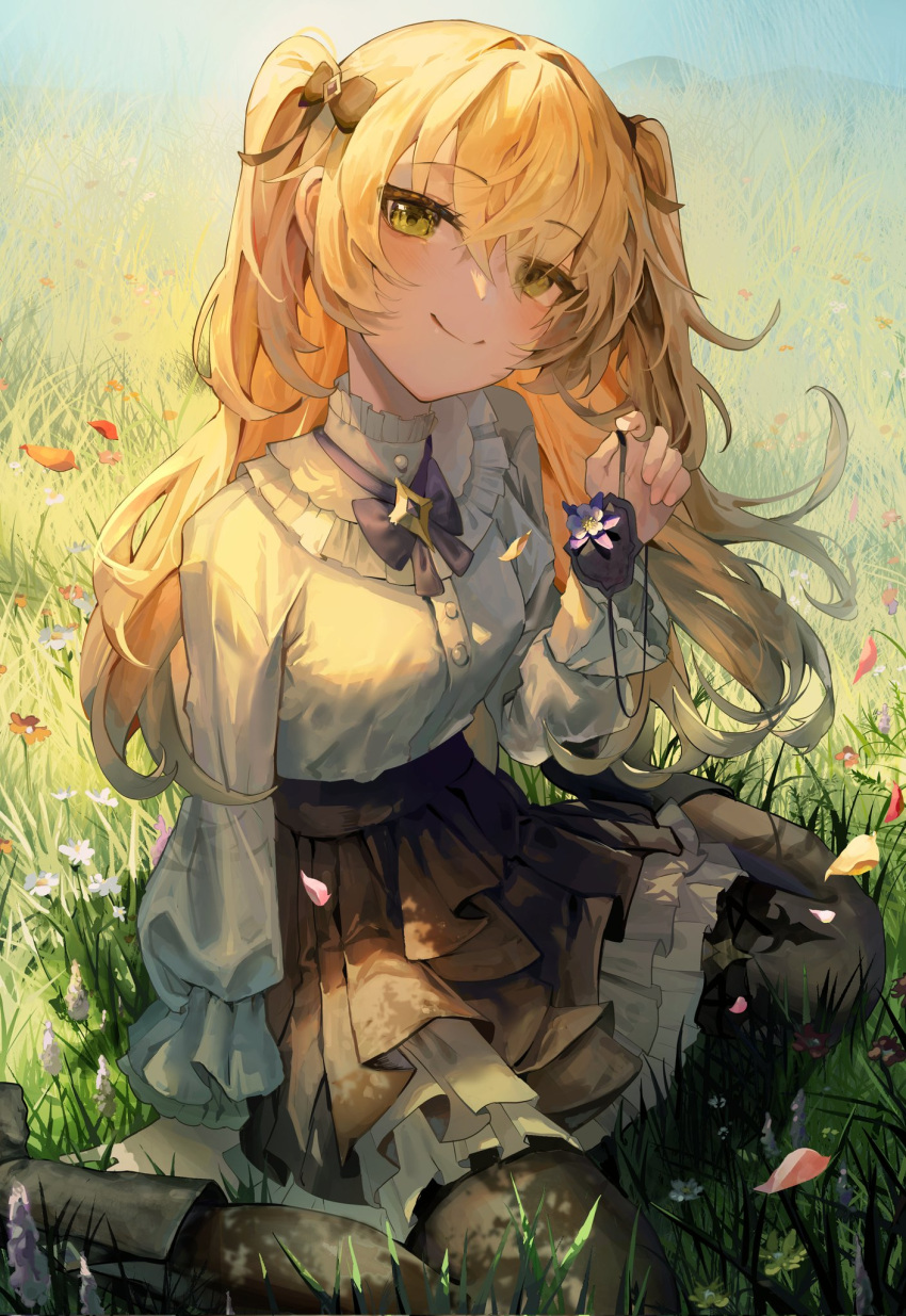 1girl bangs black_footwear black_pantyhose black_skirt blonde_hair blush boots bow bowtie breasts brooch closed_mouth day echonen eyepatch eyepatch_removed falling_petals fischl_(genshin_impact) flower frilled_skirt frilled_sleeves frills genshin_impact grass green_eyes hair_between_eyes hand_up head_tilt highres holding_eyepatch jewelry layered_skirt long_sleeves medium_breasts outdoors pantyhose petals purple_bow purple_bowtie shirt shirt_tucked_in sidelocks sitting skirt smile solo two_side_up wariza white_shirt