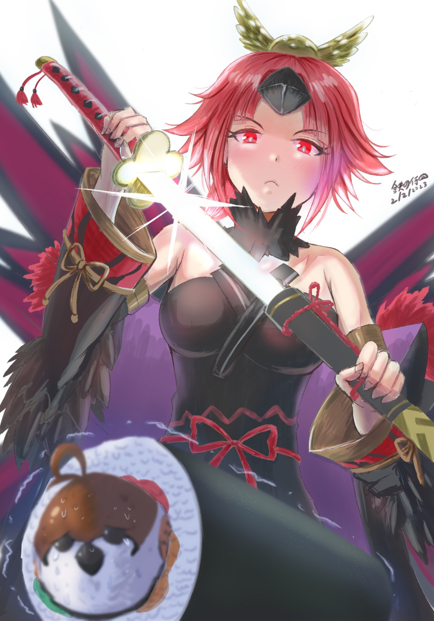 1girl benienma_alter_(fate) bird black_dress black_sleeves breasts commentary_request detached_sleeves drawing_sword dress fate/grand_order fate_(series) feather-trimmed_sleeves food frown headpiece highres holding holding_sword holding_weapon iron_samurai long_hair makizushi medium_breasts red_eyes red_hair sheath spoilers sushi sweat sword tearing_up weapon