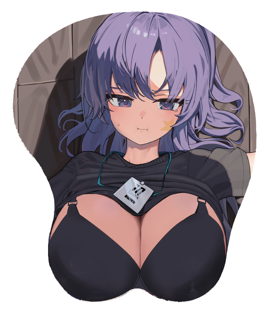 1girl absurdres alternate_costume bangs black_bra black_shirt blue_archive blue_eyes blue_hair bra breast_mousepad breasts cleavage clothes_lift dot_nose highres id_card large_breasts looking_at_viewer lovelyme mousepad_(medium) official_alternate_costume ponytail pout shirt short_sleeves simple_background solo star_(symbol) star_sticker sticker_on_face tears underwear white_background yuuka_(blue_archive) yuuka_(gym_uniform)_(blue_archive)