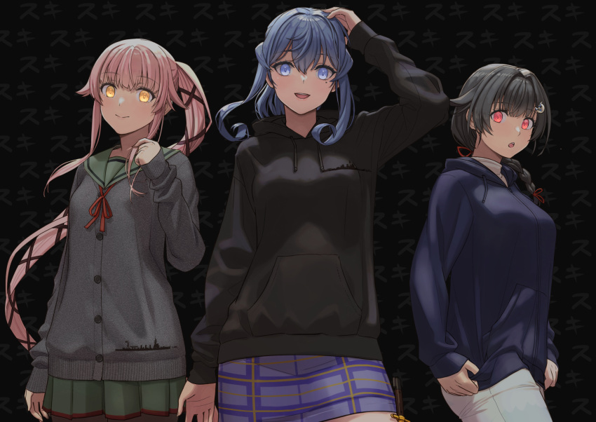 3girls bangs black_hair black_hoodie blue_eyes blue_hair blue_hoodie blue_skirt braid buttons cardigan closed_mouth commentary_request false_smile gotland_(kancolle) green_skirt grey_cardigan hair_between_eyes hair_flaps hair_ornament highres hood hoodie jingei_(kancolle) kantai_collection long_hair long_sleeves medium_hair mole mole_under_eye multiple_girls open_mouth pink_hair pleated_skirt ponytail red_eyes signature single_braid skirt smile tantaka twitter_username yellow_eyes yura_(kancolle)