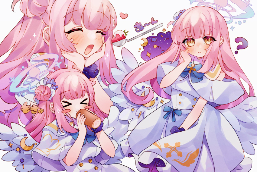 &gt;_&lt; 1girl ? angel_wings bangs blue_archive blue_bow blue_bowtie blush blush_stickers bow bowtie breasts cake capelet close-up closed_mouth commentary crescent_moon crescent_print dress eating feathered_wings food hair_bun halo hand_on_own_cheek hand_on_own_face heart highres holding holding_food long_hair looking_at_viewer low_wings mika_(blue_archive) moon multiple_views pink_hair scrunchie sidelocks single_hair_bun single_side_bun sleeveless sleeveless_dress sparkle swiss_roll takumi_mizuki upper_body white_dress white_wings wing_ornament wings wrist_scrunchie yellow_eyes