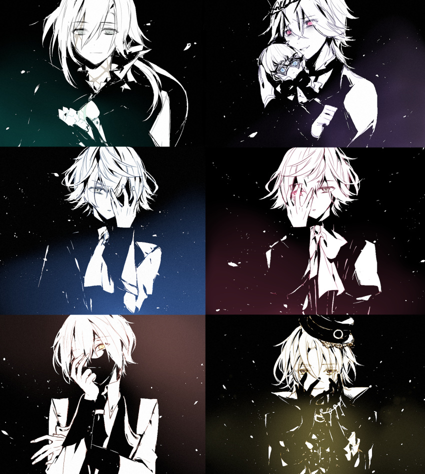 6+boys black_background dr._thriller_(luciole_no_hime) droite_(luciole_no_hime) gauche_(luciole_no_hime) hat highres long_hair looking_at_viewer luciole_no_hime multiple_boys neuro_paptesma ponytail red_eyes robin_torchia short_hair skunlv solona_redfall tagme