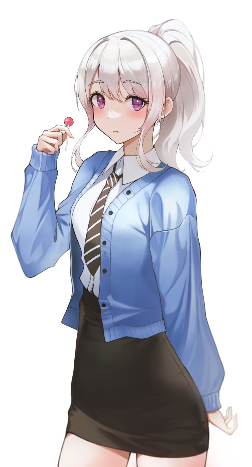 1girl absurdres black_necktie bllustration blue_cardigan blush candy cardigan collared_shirt dress_shirt food hair_between_eyes highres holding holding_candy holding_food holding_lollipop ine_(vtuber) lollipop long_hair long_sleeves looking_at_viewer necktie open_cardigan open_clothes pencil_skirt ponytail purple_eyes shirt sidelocks simple_background skirt sleeves_past_wrists solo virtual_youtuber waktaverse white_background white_hair white_shirt wing_collar