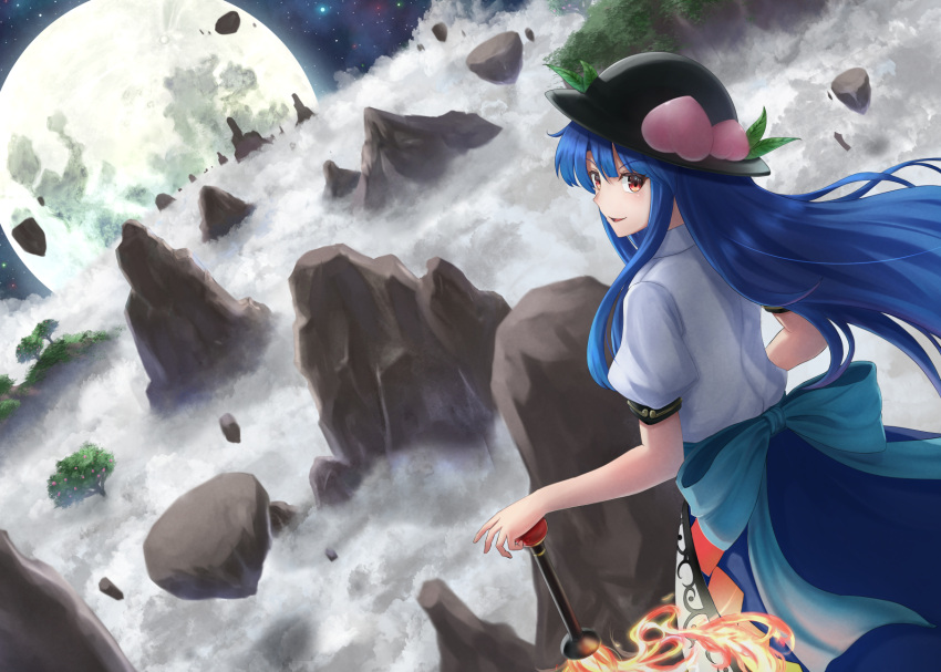 1girl above_clouds aqua_bow back_bow black_headwear blue_hair blue_skirt bow cloud commentary_request cowboy_shot dutch_angle floating_rock from_behind hat highres hinanawi_tenshi long_hair looking_back luke_(kyeftss) moon mountain open_mouth peach_hat_ornament peach_tree puffy_short_sleeves puffy_sleeves red_eyes shirt short_sleeves skirt sky smile solo star_(sky) starry_sky sword_of_hisou touhou white_shirt