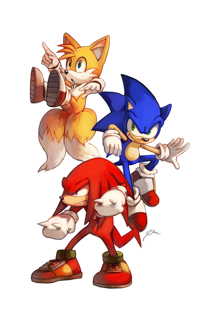 3boys animal_ears animal_nose bangs blonde_hair blue_eyes blue_fur bluekomadori clenched_hands commentary commentary_request english_commentary fox_boy fox_ears fox_tail furry furry_male gloves green_eyes highres knuckles_the_echidna looking_at_viewer looking_to_the_side looking_up male_focus multiple_boys multiple_tails open_mouth outstretched_arm pointing red_eyes red_footwear red_fur shoes simple_background smile sonic_(series) sonic_the_hedgehog spikes tail tails_(sonic) teeth white_background white_gloves yellow_fur