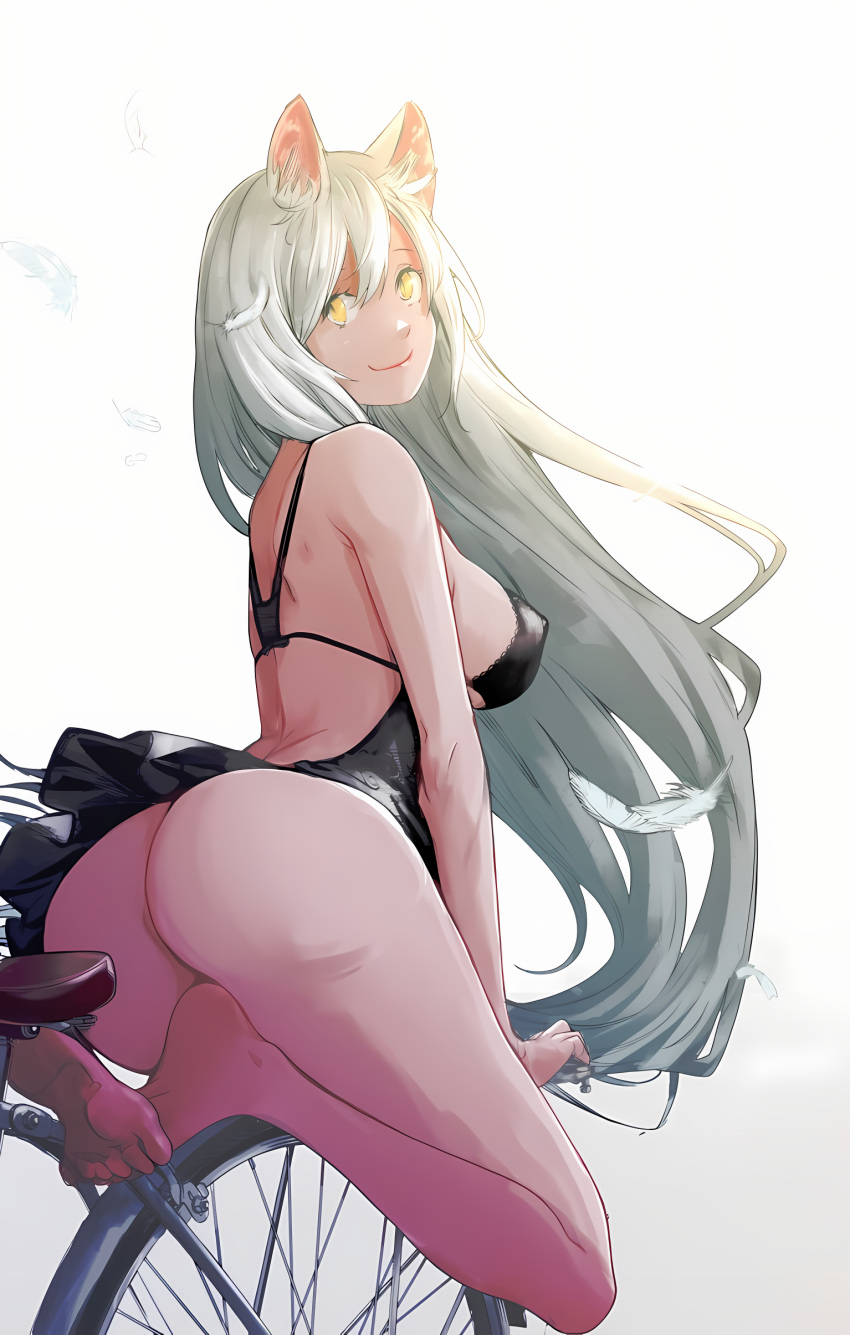 1girl absurdres animal_ear_fluff animal_ears ass bad_source bakemonogatari bare_arms bare_legs bicycle black_hanekawa breasts cat_ears cat_girl closed_mouth colorized falling_feathers feathers ground_vehicle hair_between_eyes hanekawa_tsubasa highres large_breasts long_hair monogatari_(series) oogure_ito sideboob simple_background sitting slit_pupils smile solo very_long_hair white_background white_feathers white_hair