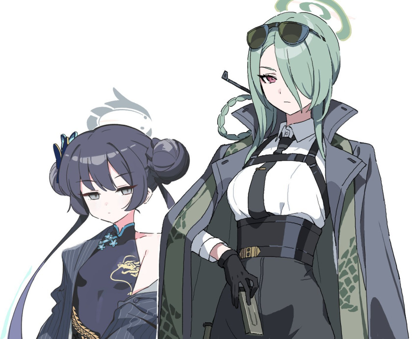 2girls bangs black_coat black_dress black_gloves black_hair black_necktie black_pants blue_archive breasts china_dress chinese_clothes closed_mouth coat coat_on_shoulders collared_shirt commentary double_bun dress eyewear_on_head gloves green_hair grey_eyes hair_bun hair_over_one_eye halo high-waist_pants kisaki_(blue_archive) long_hair long_sleeves looking_at_viewer medium_breasts mina_(blue_archive) multiple_girls necktie nemomo off_shoulder open_clothes open_coat pants red_eyes shirt shirt_tucked_in simple_background small_breasts sunglasses symbol-only_commentary twintails white_background white_shirt