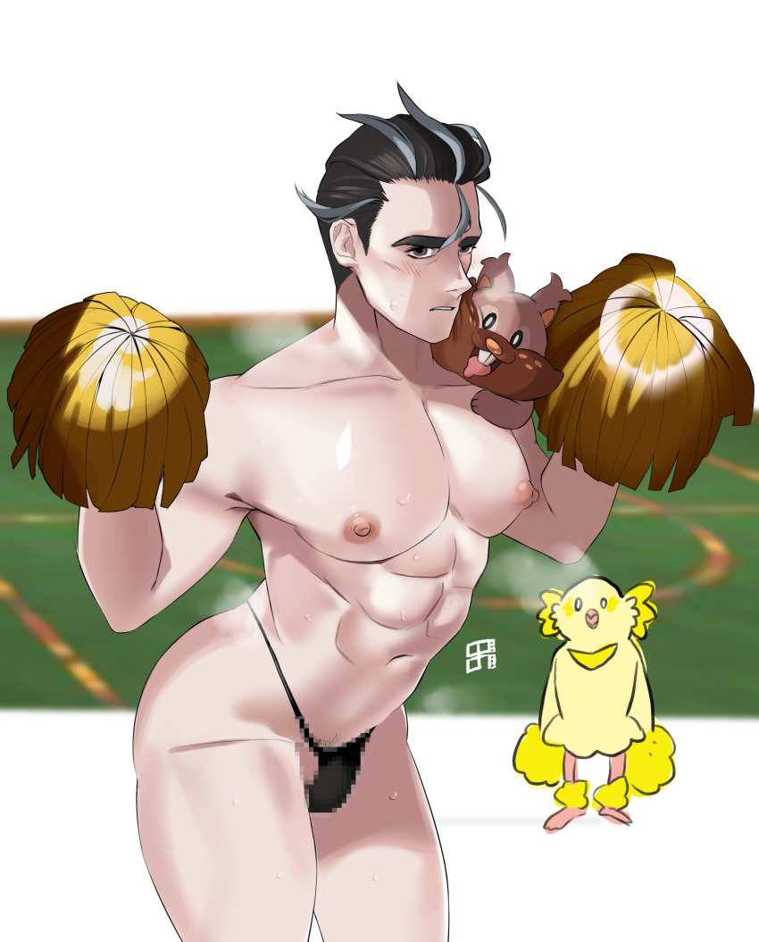 1boy 95_guo abs absurdres bangs black_hair blush censored collarbone commentary_request cowboy_shot greedent grey_hair hands_up highres holding holding_pom_poms korean_commentary large_pectorals larry_(pokemon) male_focus male_pubic_hair mosaic_censoring multicolored_hair nipples oricorio oricorio_(pom-pom) parted_lips pectorals pokemon pokemon_(creature) pokemon_(game) pokemon_sv pom_pom_(cheerleading) pubic_hair pubic_hair_peek short_hair steam streaked_hair sweat topless_male two-tone_hair