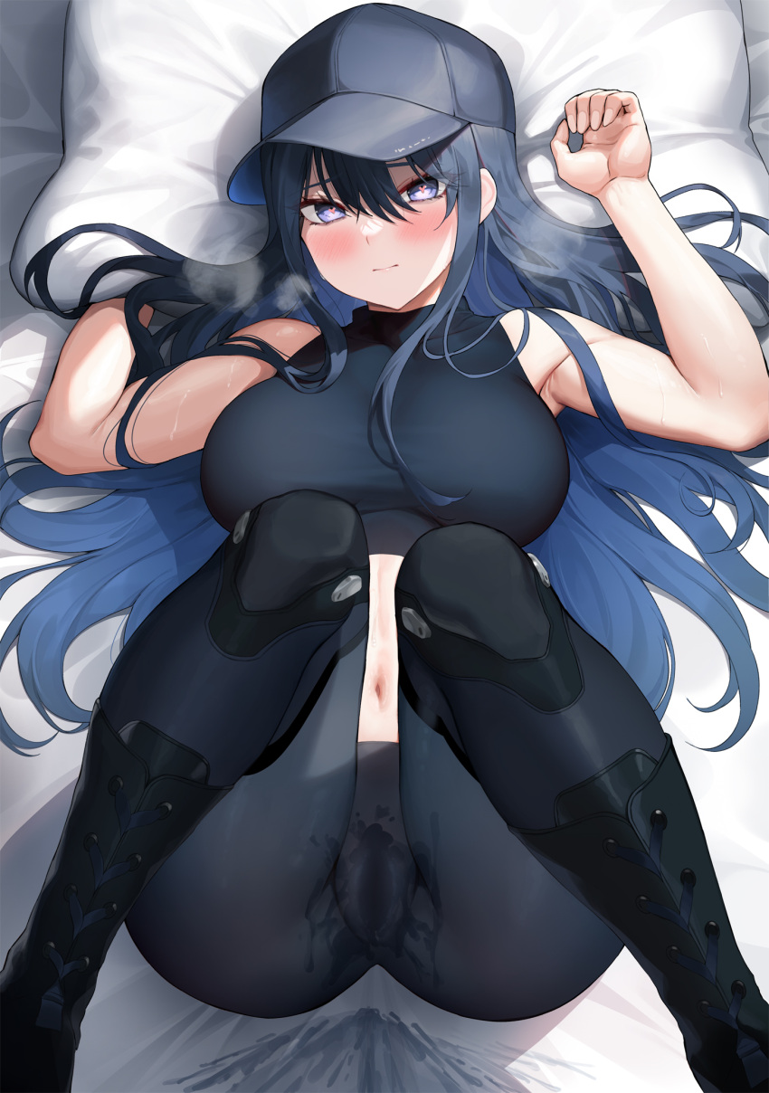 1girl bangs black_footwear black_headwear blue_archive blue_eyes blue_hair blush boots breasts cameltoe closed_mouth greem_bang hair_between_eyes hat heart heart-shaped_pupils highres knee_boots large_breasts long_hair looking_at_viewer lying navel on_back pillow pussy_juice saori_(blue_archive) sleeveless solo symbol-shaped_pupils thighs