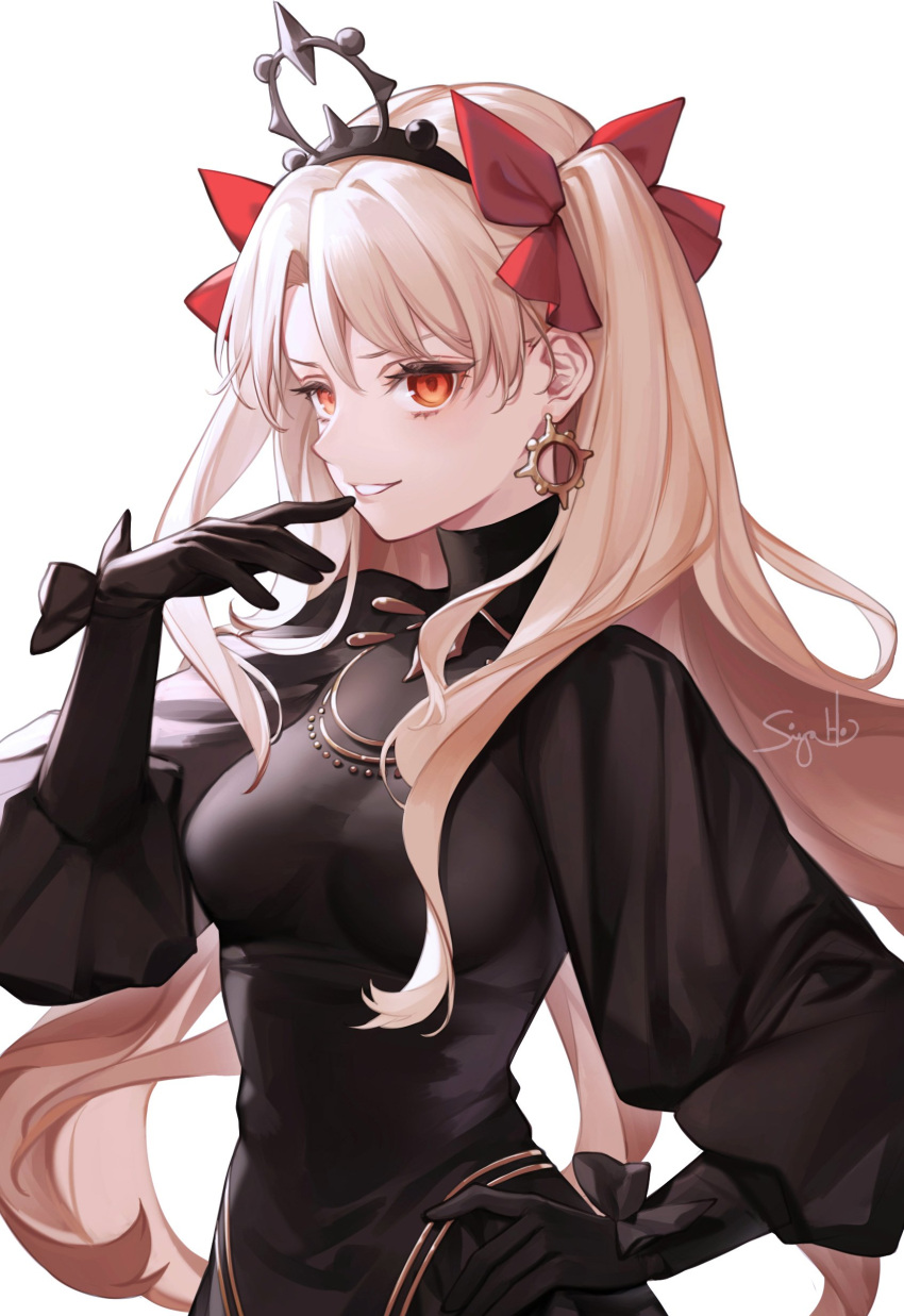 1girl absurdres bangs black_dress black_gloves blonde_hair breasts commentary dress earrings elbow_gloves english_commentary ereshkigal_(fate) fate/grand_order fate_(series) finger_to_mouth gloves hair_ribbon hand_on_hip highres hoop_earrings jewelry lips long_hair long_sleeves looking_at_viewer medium_breasts necklace parted_bangs red_eyes red_ribbon ribbon signature simple_background siya_ho solo tiara two_side_up very_long_hair white_background