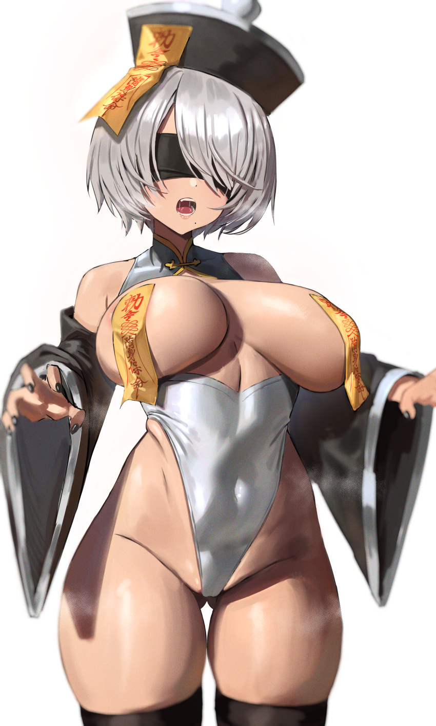 1girl absurdres alternate_costume anima_(togashi) bangs black_nails black_thighhighs blindfold breast_curtains breasts covered_navel ghost_pose grey_hair groin hair_over_one_eye hat highres jiangshi large_breasts leotard long_bangs mole mole_under_eye nier_(series) nier_automata open_mouth qing_guanmao short_hair simple_background solo teeth thighhighs white_background white_leotard wide_hips wide_sleeves yorha_no._2_type_b