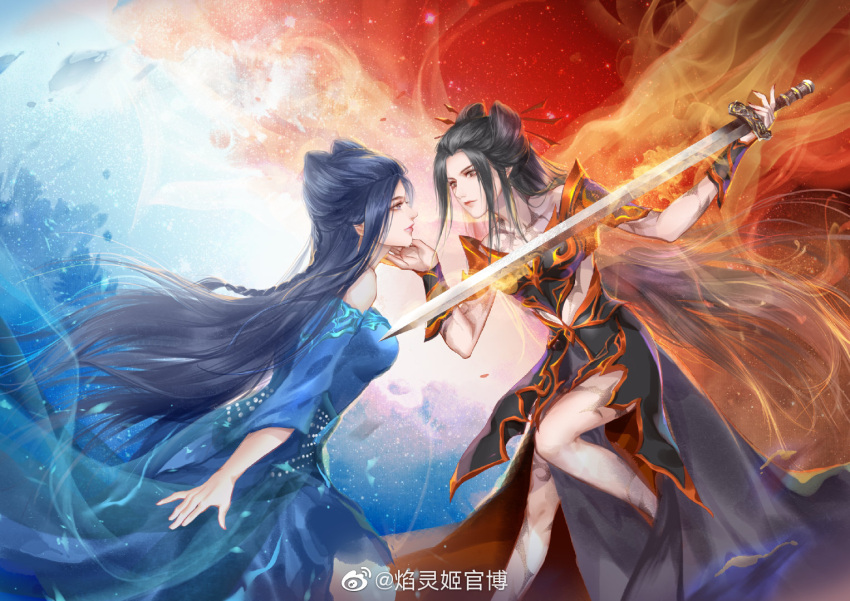 2girls armor armored_dress bare_legs bare_shoulders black_hair blue_dress braid closed_mouth dress dual_persona fire flaming_sword flaming_weapon from_side hair_ornament hand_on_another's_chin holding holding_sword holding_weapon leg_up long_hair looking_at_another multiple_girls qin_shi_ming_yue second-party_source sword tattoo weapon wxh_hu yanling_ji_(qin_shi_ming_yue)