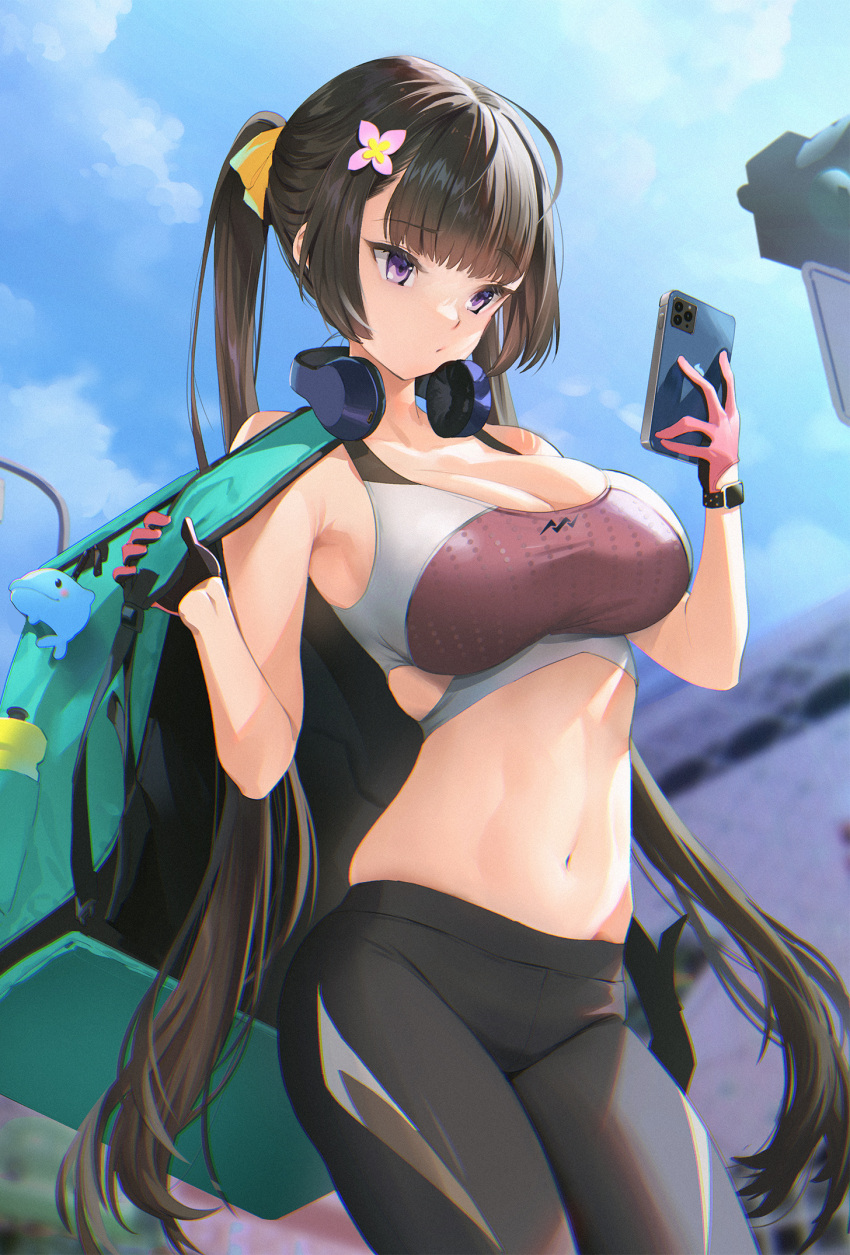 1girl armpits backpack bad_id bad_twitter_id bag bare_arms bare_shoulders black_hair black_pants breasts cellphone cleavage cowboy_shot crop_top gloves hair_ornament hair_ribbon hands_up headphones headphones_around_neck highres holding holding_phone large_breasts long_hair mhk_(mechamania) midriff navel original pants phone pink_gloves purple_eyes ribbon side_cutout skindentation sleeveless smartphone solo sports_bra stomach track_pants twintails twintails_day very_long_hair watch wristwatch