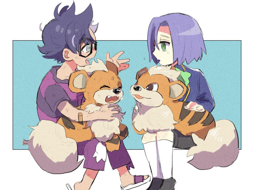 2boys aged_down black_hair blue_eyes blue_hair child glasses green_eyes growlithe happy jacq_(pokemon) james_(pokemon) male_child male_focus multiple_boys pokemon pokemon_(anime) pokemon_(classic_anime) pokemon_(creature) pokemon_(game) pokemon_sv ram8 sitting socks