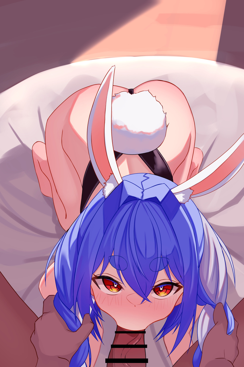 1boy 1girl absurdres all_fours animal_ear_fluff animal_ears ass black_leotard blue_hair censored clothed_female_nude_male fellatio hetero highres hololive leotard looking_at_viewer mcbox nude oral orange_eyes pov rabbit_ears rabbit_girl solo_focus thick_eyebrows usada_pekora virtual_youtuber