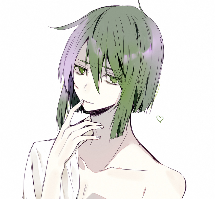 1boy bangs collared_shirt finger_to_mouth green_eyes green_hair heart long_sleeves male_focus mitsunari_(vanquish_brothers) open_mouth shirt shirt_partially_removed short_hair sketch skunlv smile solo vanquish_brothers white_background white_shirt