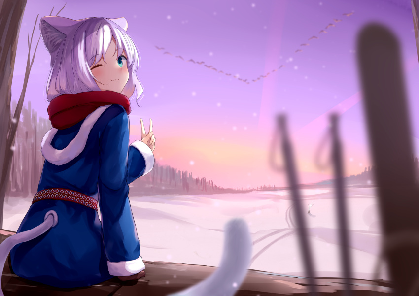 1girl ;3 absurdres akinakesu-chan animal_ears bangs bare_tree bird blue_eyes blurry blurry_foreground brown_gloves closed_mouth commentary_request depth_of_field from_behind fur-trimmed_sleeves fur_trim gloves highres long_sleeves looking_at_viewer looking_back one_eye_closed original outdoors parted_bangs red_scarf romaji_commentary scarf single_glove sitting snow solo tail tree white_hair