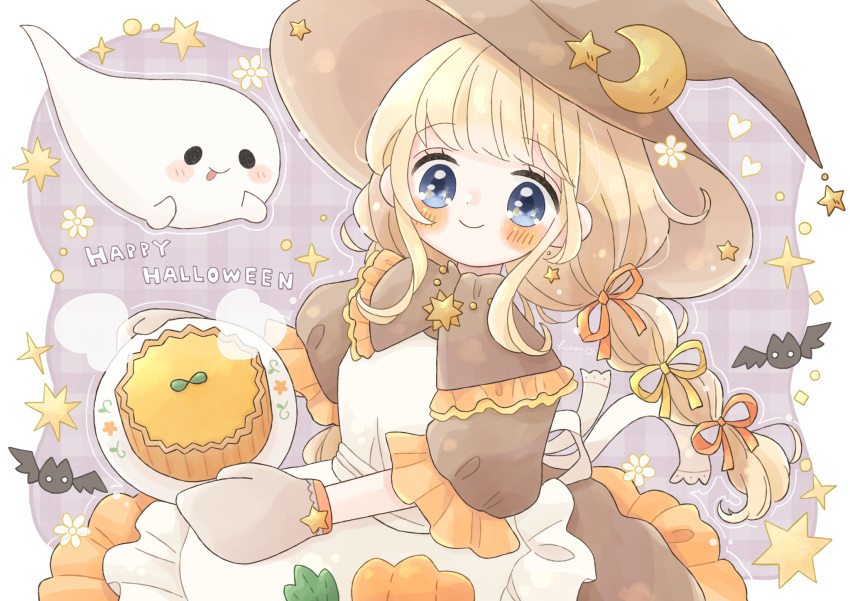 1girl animal apron bangs bat_(animal) blonde_hair blue_eyes blush braid crescent crescent_hat_ornament dress flower food frilled_dress frilled_sleeves frills ghost hair_ribbon halloween happy_halloween hat hat_ornament highres hiiragi_hinana holding holding_food holding_plate jewelry long_hair looking_at_viewer multi-tied_hair necklace original oven_mitts pendant pie plate ribbon short_sleeves smile solo sparkle star_(symbol) star_hat_ornament steam tart_(food) twin_braids very_long_hair witch witch_hat