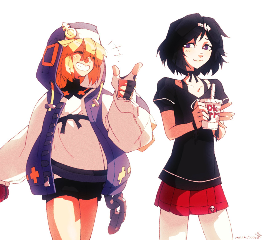 2boys androgyne_symbol bike_shorts bike_shorts_under_skirt black_gloves black_hair black_skirt blonde_hair bridget_(guilty_gear) choker crossover cuffs fingerless_gloves gloves grin guilty_gear guilty_gear_strive habit hair_ornament hairclip handcuffs highres hood hood_up hooded_jacket hoodie jacket long_sleeves looking_to_the_side machitoons male_focus medium_hair multiple_boys open_clothes open_hoodie otoko_no_ko puffy_long_sleeves puffy_short_sleeves puffy_sleeves purple_eyes red_skirt ribbon_choker short_sleeves skirt skull_hair_ornament smile steins;gate urushibara_ruka