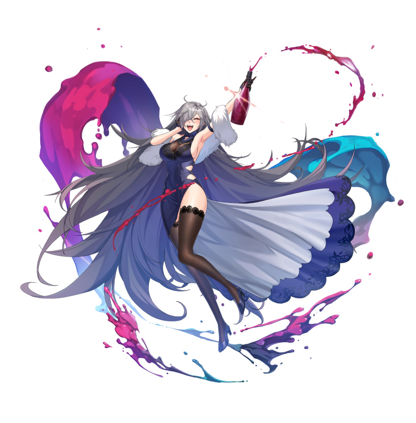 1girl absurdres alcohol antenna_hair arm_up armlet armpits bangs black_gloves black_thighhighs blue_dress blue_footwear bottle breasts closed_eyes counter:side dress feather_boa foot_up full_body gloves gremory_(counter:side) grey_hair hair_over_one_eye hand_on_own_ear hands_up high_heels highres holding holding_bottle impossible_clothes impossible_dress lace-trimmed_legwear lace_trim large_breasts long_dress long_hair official_art open_mouth purple_liquid side_slit sideboob sleeveless sleeveless_dress sleeveless_turtleneck smile solo squirting_liquid standing standing_on_one_leg swept_bangs tachi-e teeth thighhighs transparent_background turtleneck upper_teeth_only very_long_hair waist_cutout wine wine_bottle