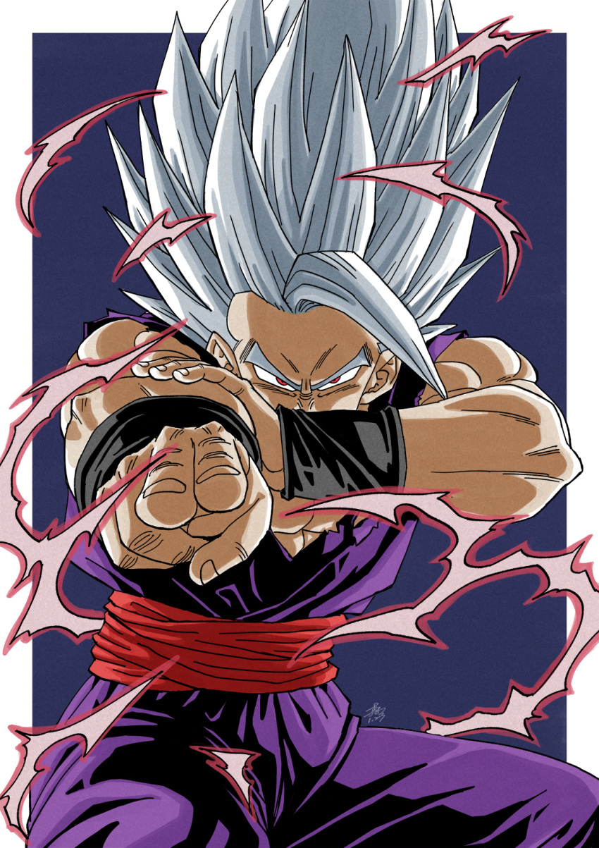 1boy aiming_at_viewer commentary_request dougi dragon_ball dragon_ball_super dragon_ball_super_super_hero forest_1988 furrowed_brow gohan_beast grey_hair highres makankousappou male_focus muscular muscular_male red_eyes serious signature solo son_gohan spiked_hair squatting